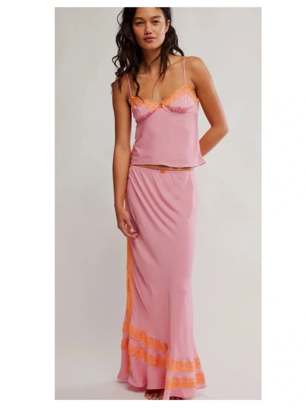 🆕 Intimately Maxi Skirt Lace Set Lingerie Slip Camisole neon WISH YOU WERE HERE